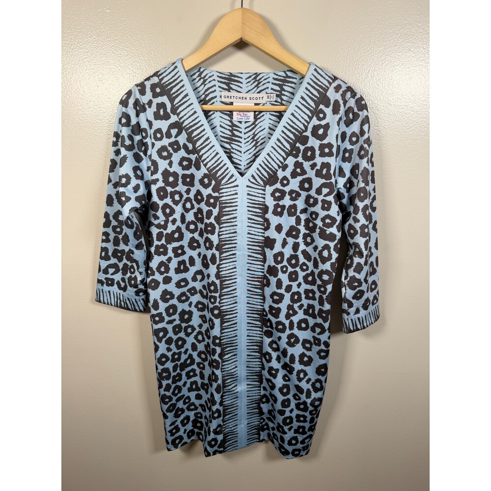 Gretchen Scott Bordertown Dress Size XS Blue Gray Wildcat Leopard Print V-neck